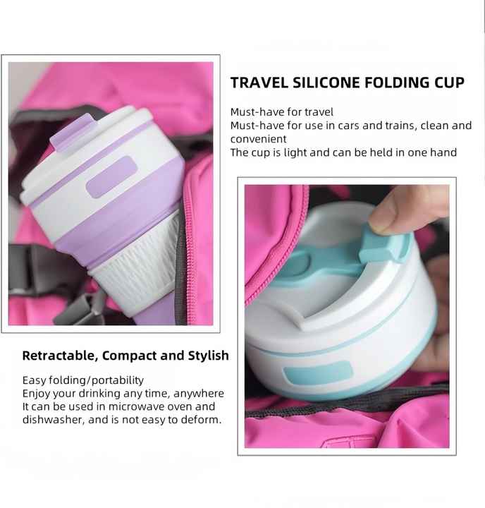 Folding silicone travel cup with heat-insulating sleeve, shown being opened