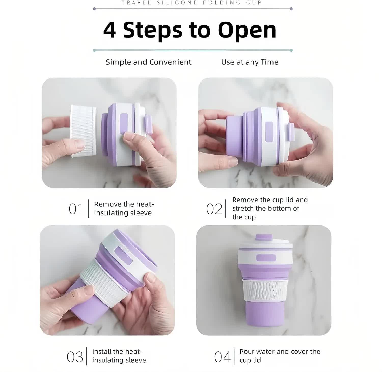 Folding silicone travel cup, multi-step opening with hands holding the lid and sleeve