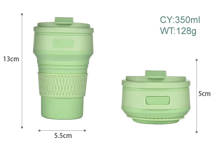 Collapsible silicone travel mug with lid and ridged base, side and front views with size marks