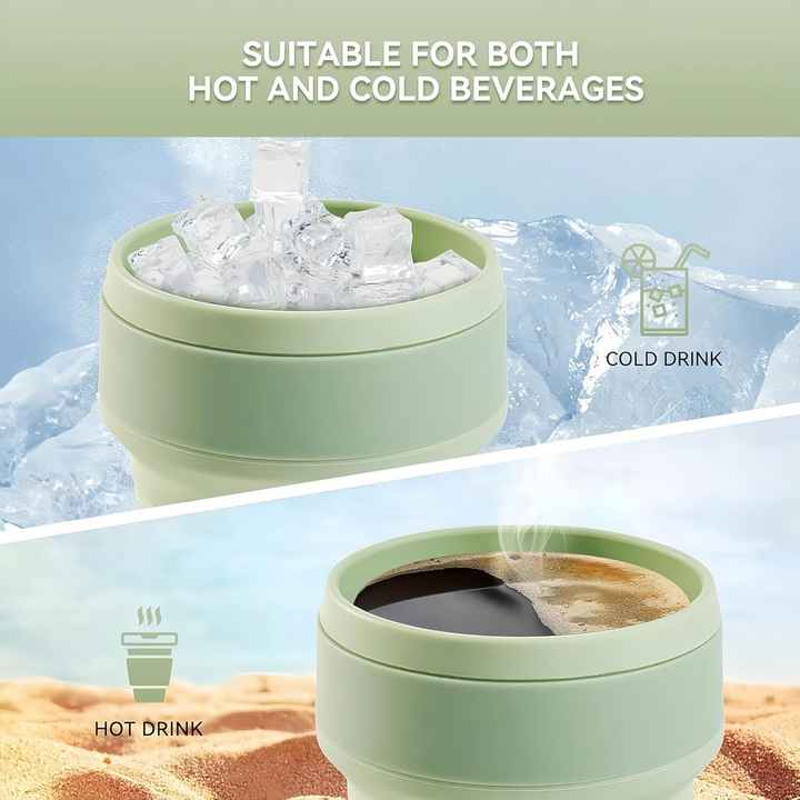 Collapsible silicone travel mug holding hot or cold drink, with wide open rim and lid