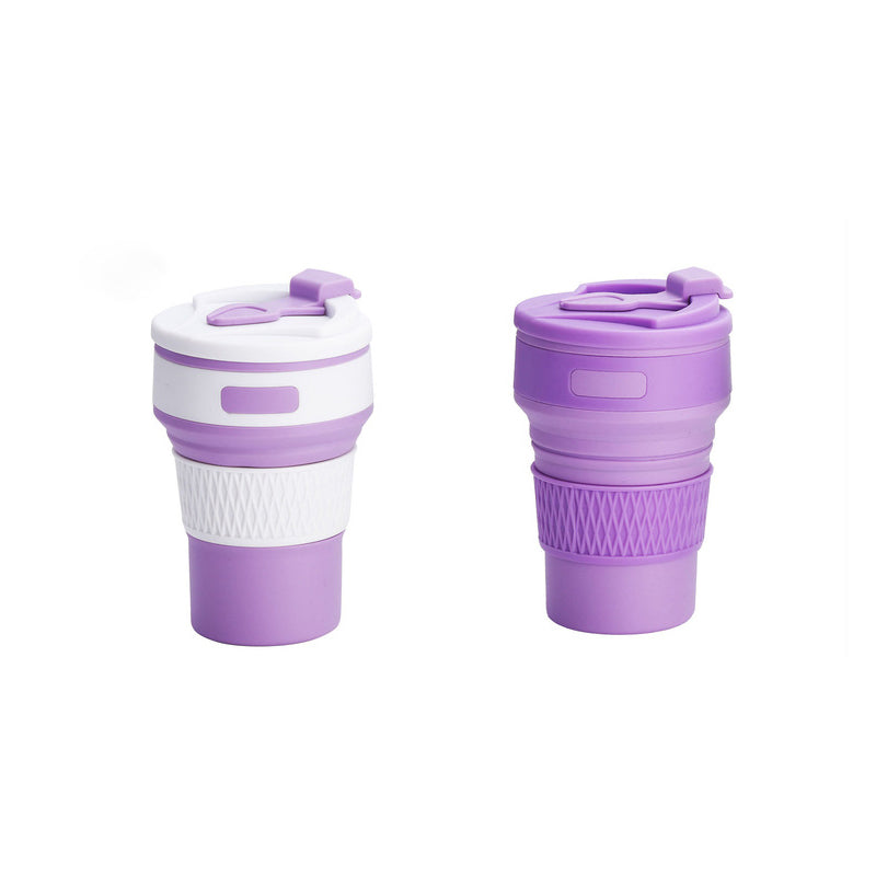 Purple collapsible silicone coffee cup with lid, open folding sleeve