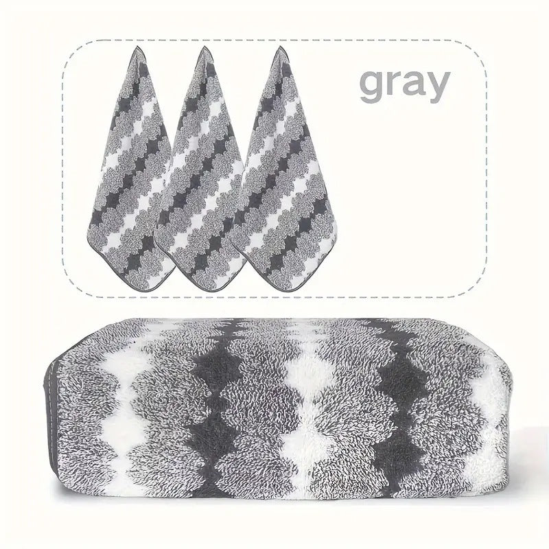 Grey coral fleece towel set: bath towel and three hand towels with patterned design