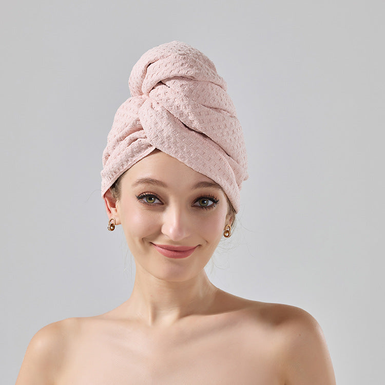 Pink waffle-weave hair towel turban with folded head wrap