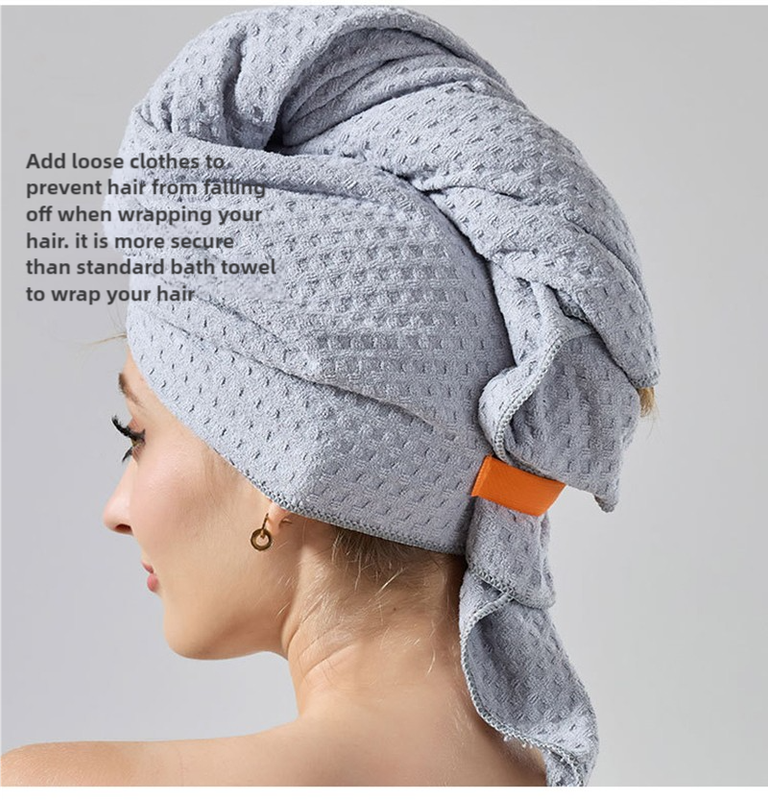 Gray waffle-weave hair towel turban with secure wrap and hanging tail
