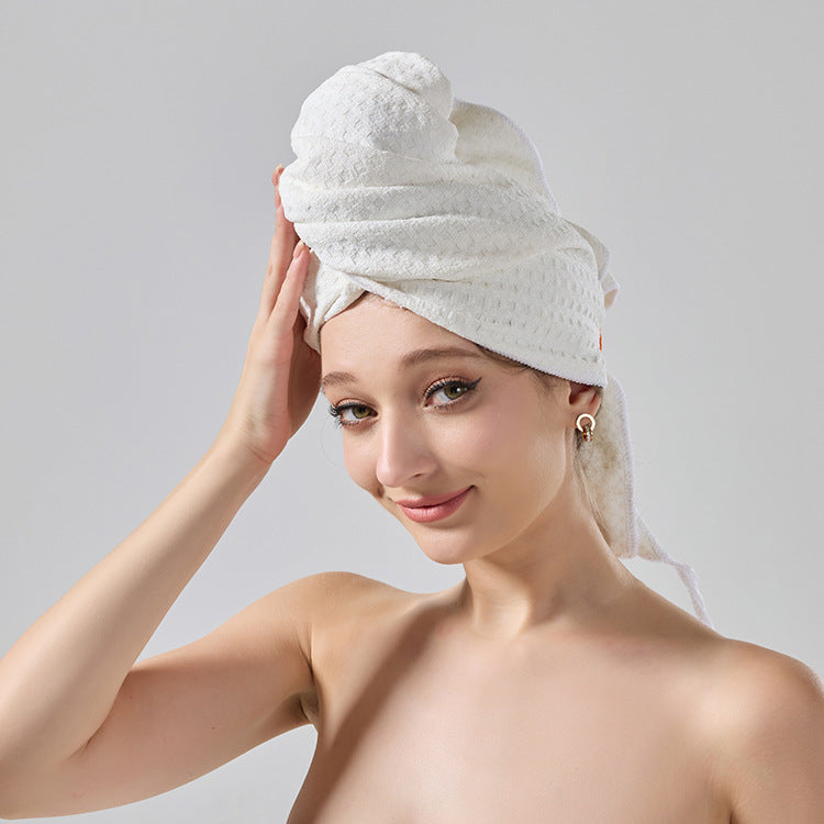 White waffle-weave hair turban towel, wrapped head wrap with folded top