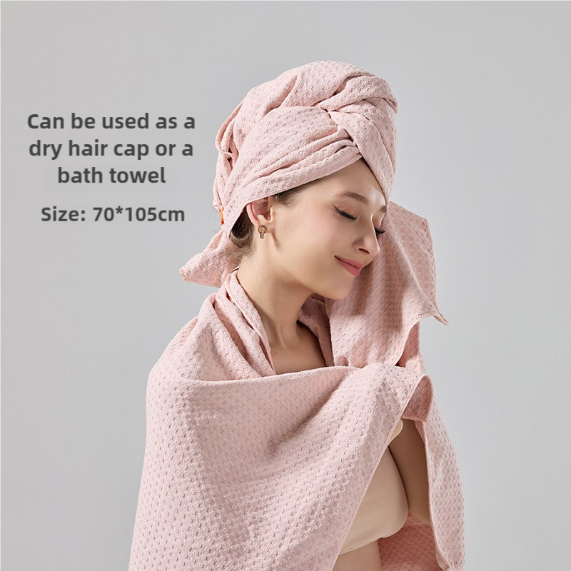 Pink waffle weave hair towel turban wrap, hooded head cap style