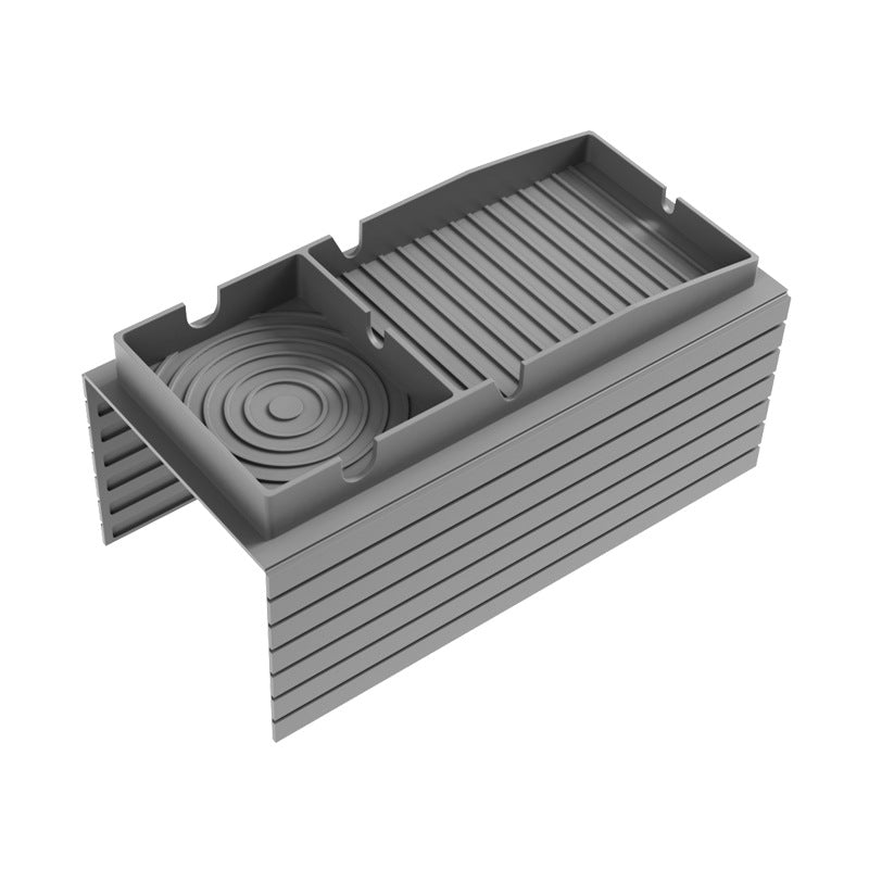 Grey sofa armrest cup holder tray with ribbed insert and circular coaster