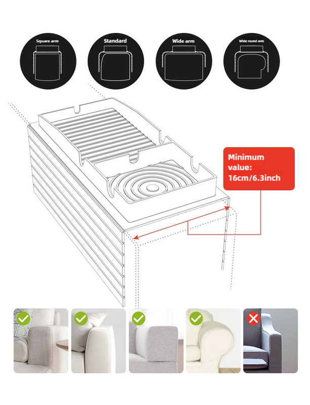 Grey sofa armrest tray illustrated with compatible arm shapes and adjustable fit