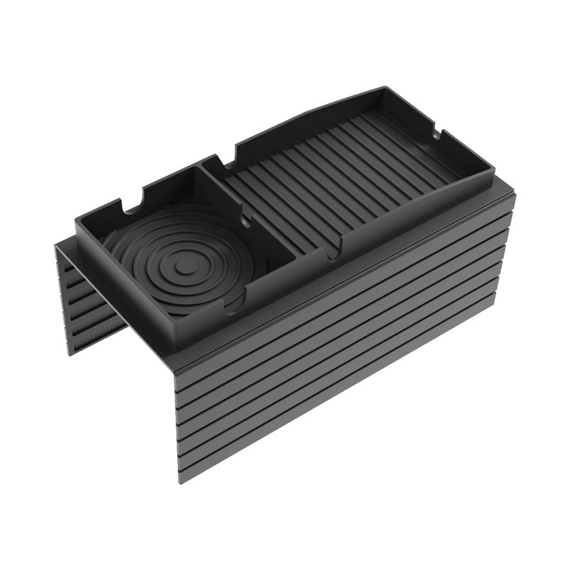 Ribbed sofa armrest cup holder tray with round cup insert, dark gray