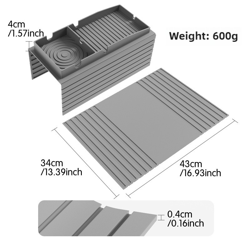 Gray sofa armrest cup holder tray with coaster well; approx 43cm by 34cm size