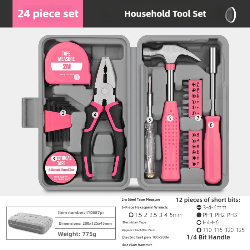 Pink 24-piece household tool set in gray case with tape measure, pliers and bits