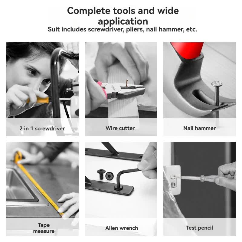 Household tool set with screwdriver, wire cutter, nail hammer, tape measure and test pencil