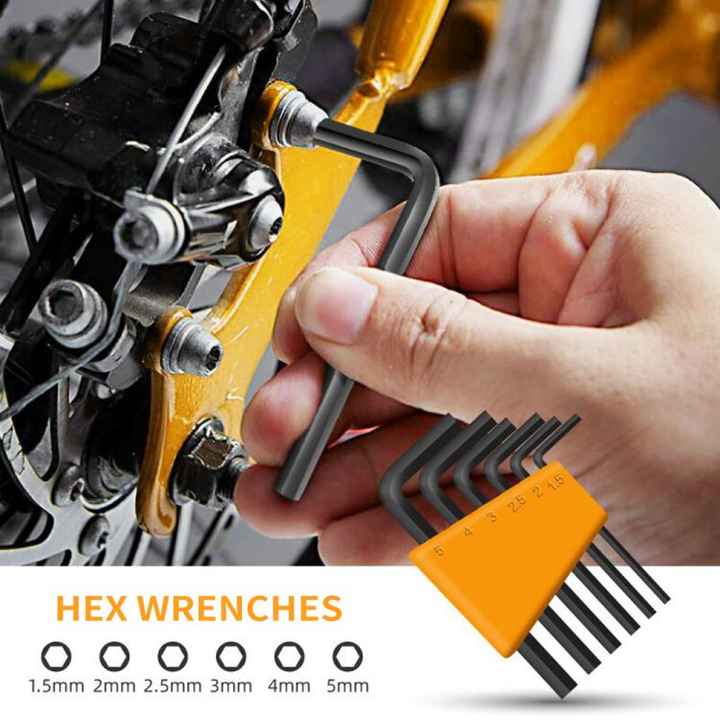 Hex wrench set with orange measurement labels and bent hex keys