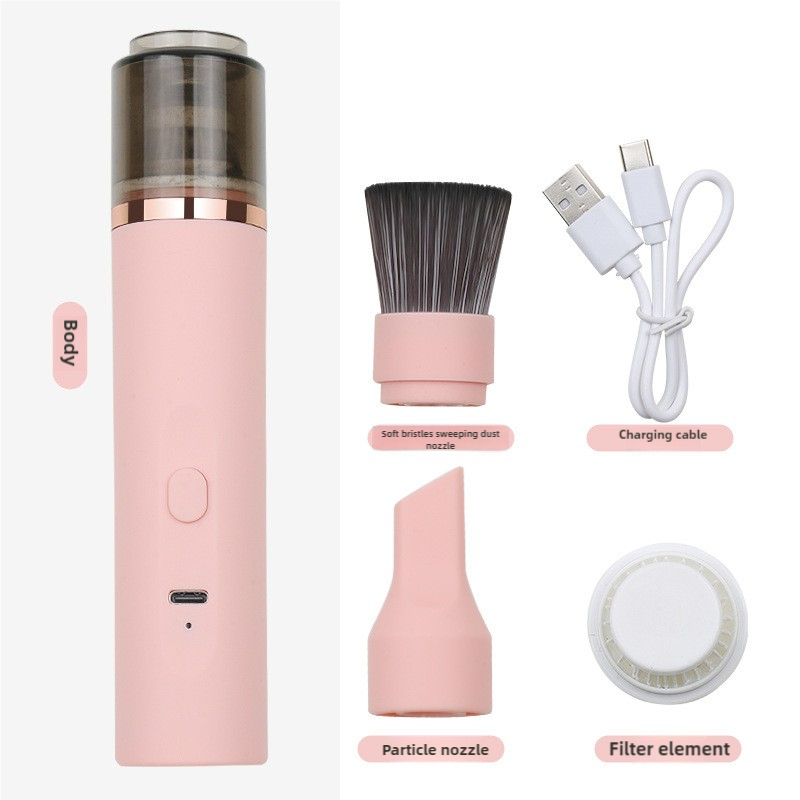 Pink handheld wireless dust vacuum with soft bristle cleaning brush attachment