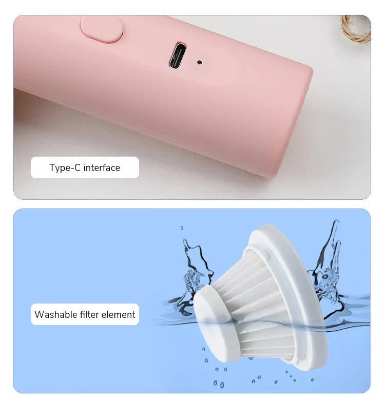 Pink handheld dust vacuum base with Type-C port and removable filter element