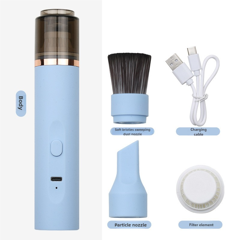 Blue handheld dust vacuum cleaner with brush head and power button