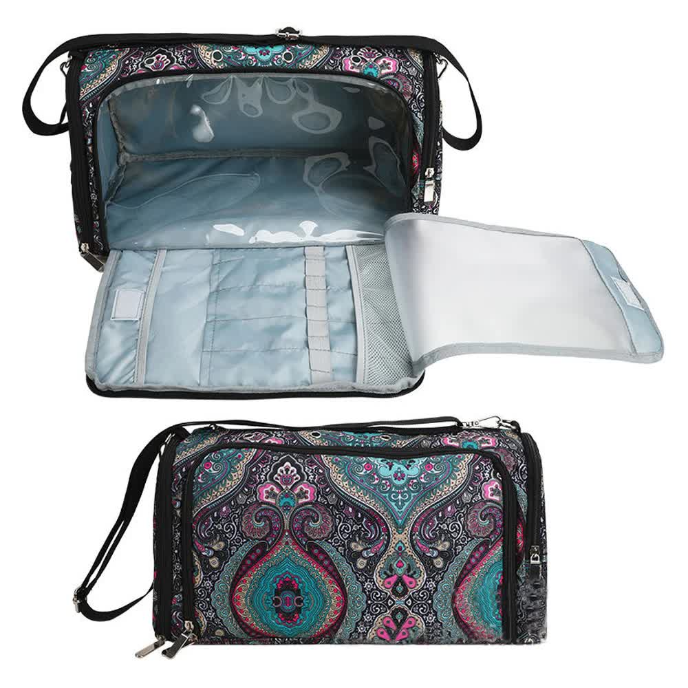 Crochet yarn storage bag with paisley pattern, open fold-out compartments and light-blue lining