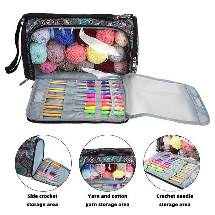 Crochet yarn storage bag open with yarn balls and organized crochet needles in rolls