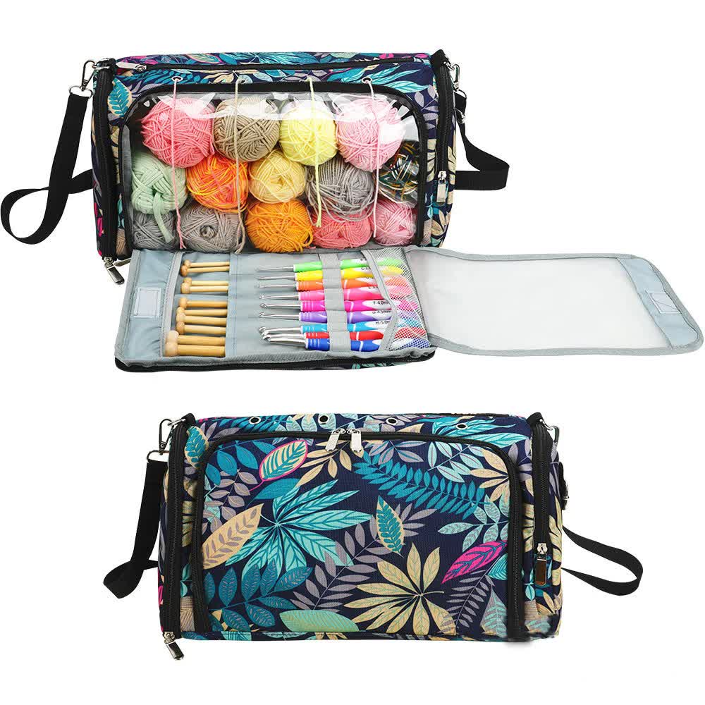 Crochet yarn storage bag, leaf-floral pattern, open with yarn spools and needle roll