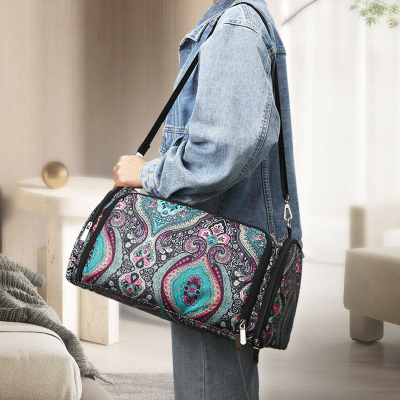 Leaf-floral crochet yarn storage bag with shoulder strap, zip front pocket