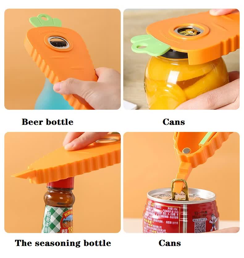 Orange carrot-shaped bottle opener shown twisting off bottle caps and can lids