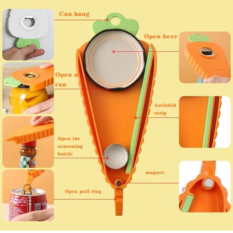 Orange carrot-shaped multi-function bottle opener with circular center opening