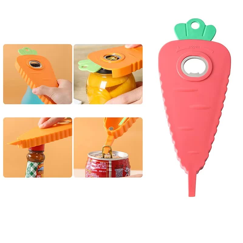 Carrot-shaped bottle opener, pink with green loop handle and round opening