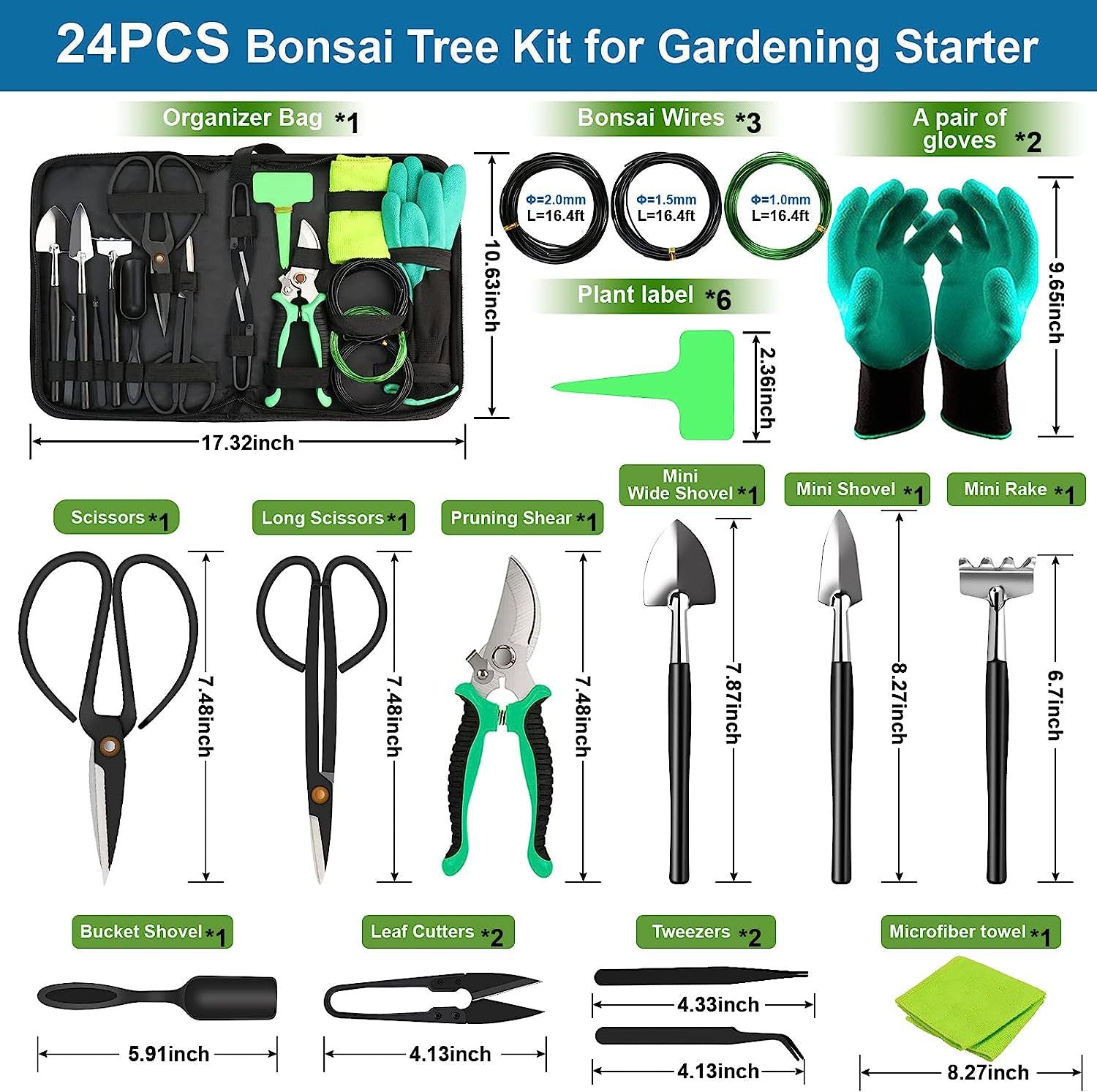 24-Piece Bonsai Tree Tool Kit for Gardening Starters ??Complete Bonsai Care Set with Organizer Bag