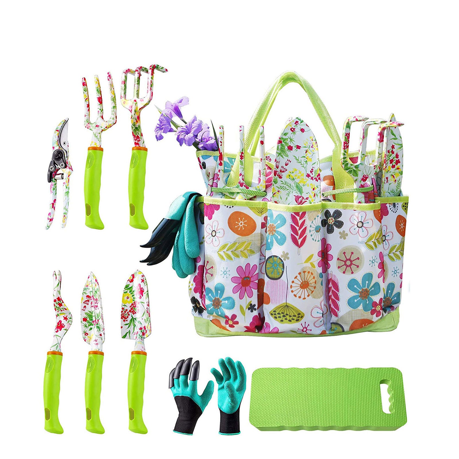 Green 9-Piece Floral Garden Tool Set for Women ??Complete Gardening Kit with Tote Bag, Pruners, and Gloves