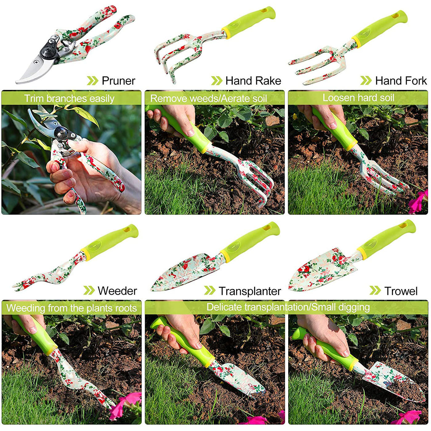 Green 9-Piece Floral Garden Tool Set for Women ??Complete Gardening Kit with Tote Bag, Pruners, and Gloves