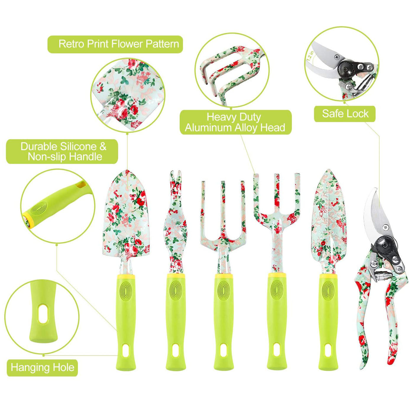 Green 9-Piece Floral Garden Tool Set for Women ??Complete Gardening Kit with Tote Bag, Pruners, and Gloves