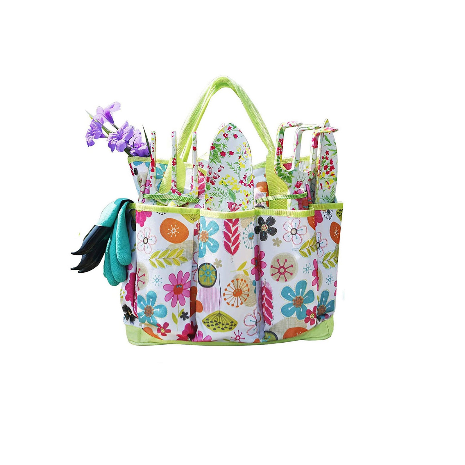 Green 9-Piece Floral Garden Tool Set for Women ??Complete Gardening Kit with Tote Bag, Pruners, and Gloves