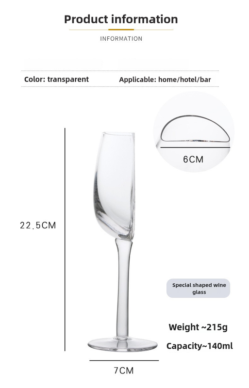 Crystal wine glass illustration with size and capacity, clear half-round bowl, 140 ml.