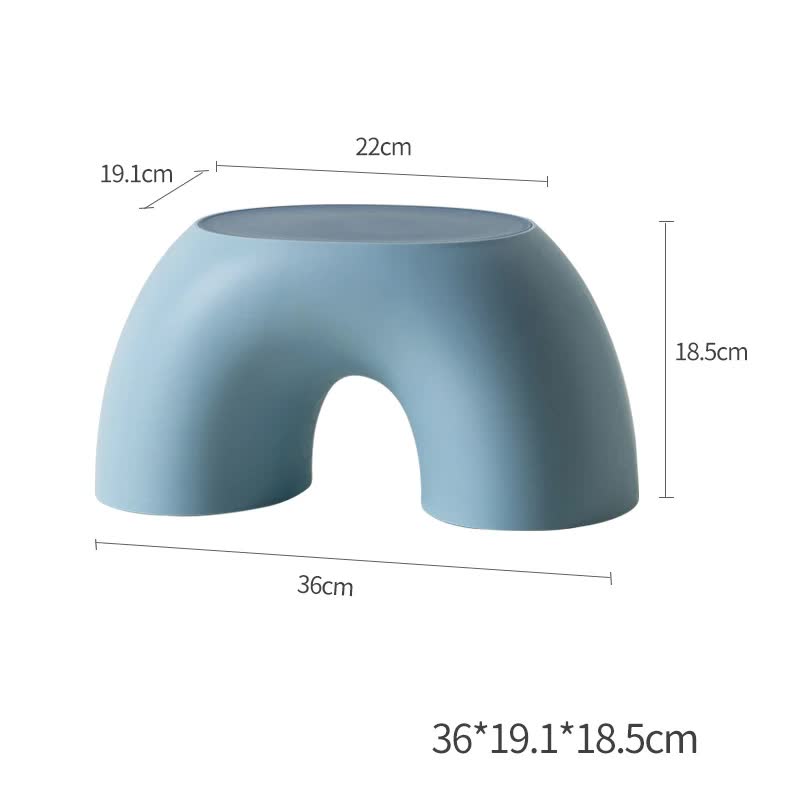 Blue round plastic footstool with arched cutout seat and curved top