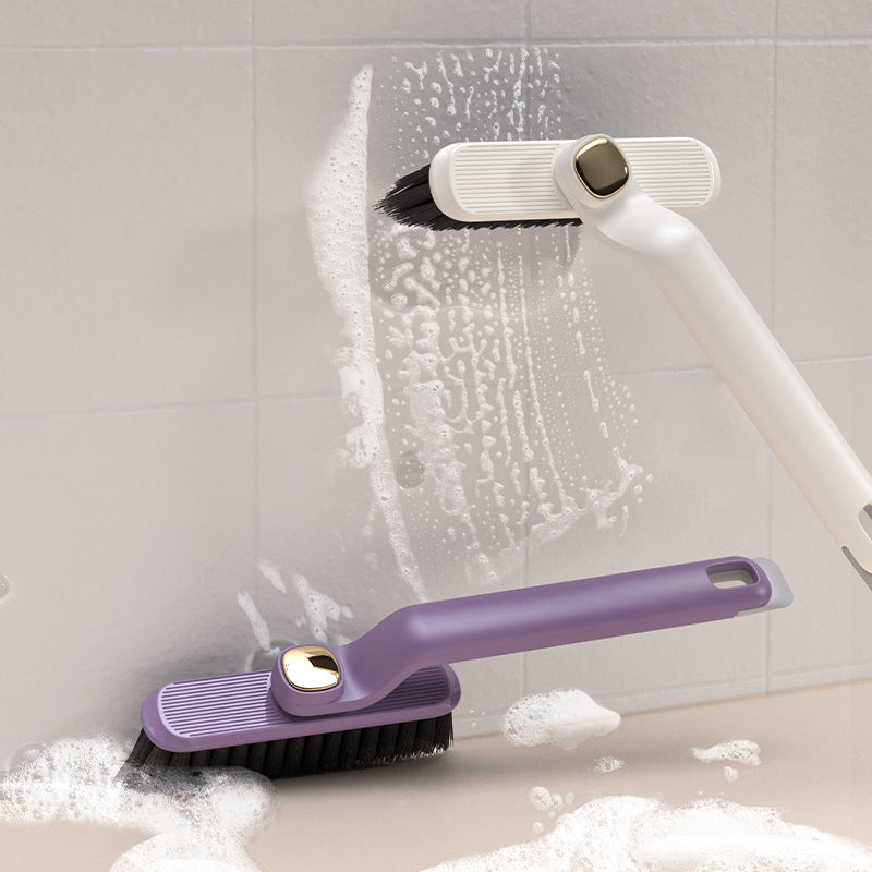 Purple gap cleaning brush with stiff bristles scrubbing tile grout lines with foam