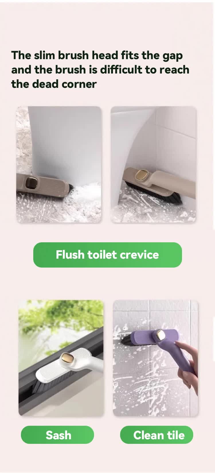 Purple slim gap cleaning brush reaching tight corners in bathroom tile areas
