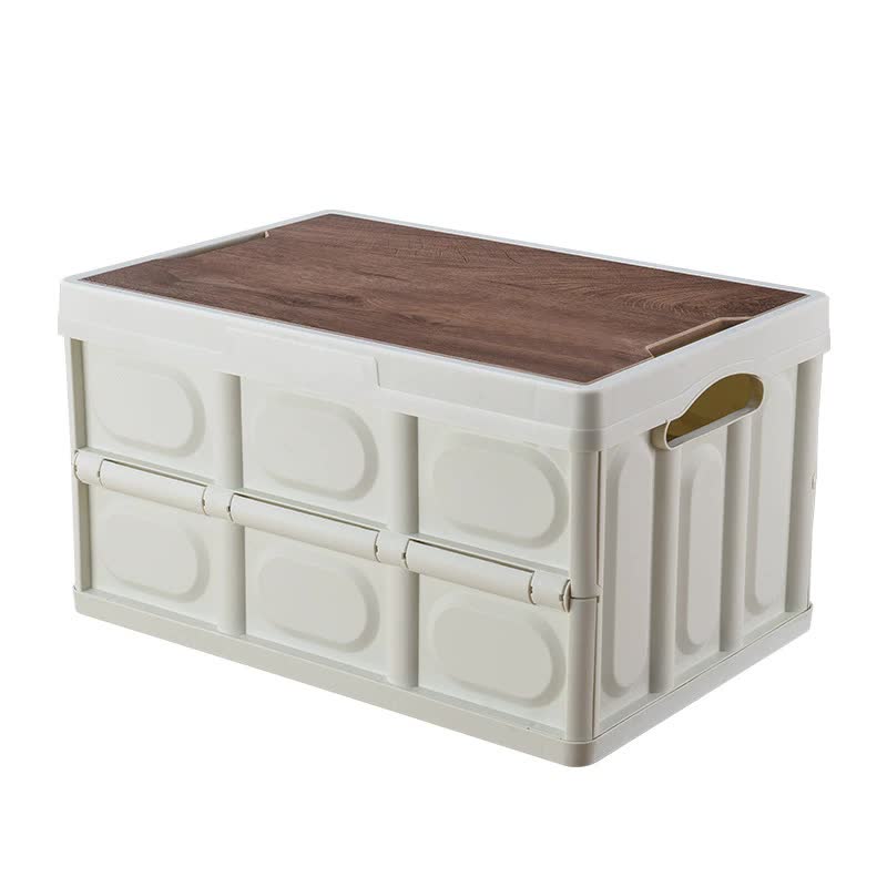 White foldable storage box with dark wooden lid, molded panel sides, and latch bar
