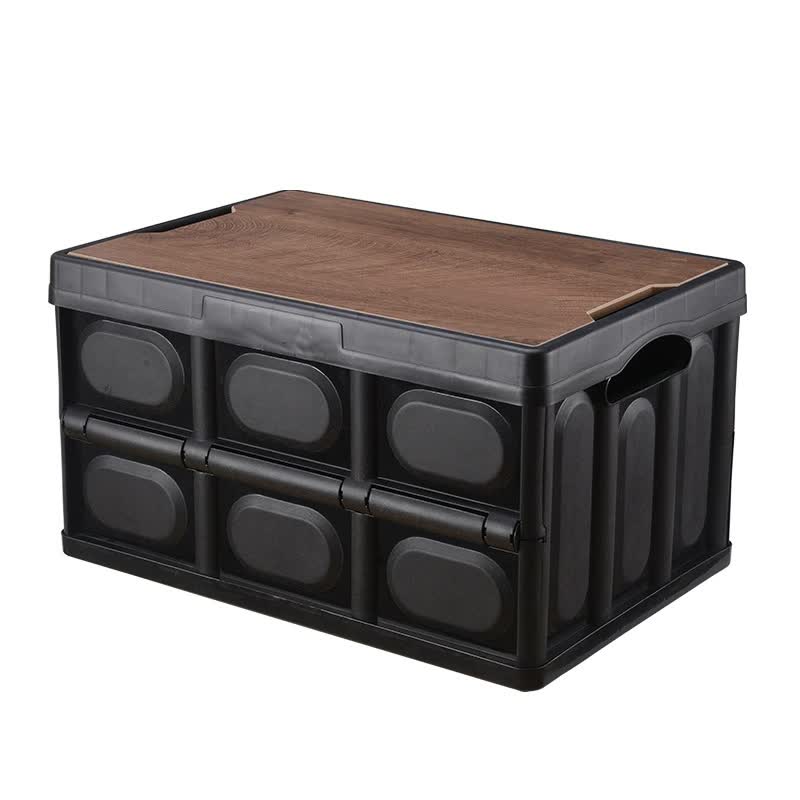 Black foldable storage box with wooden lid and molded side handles