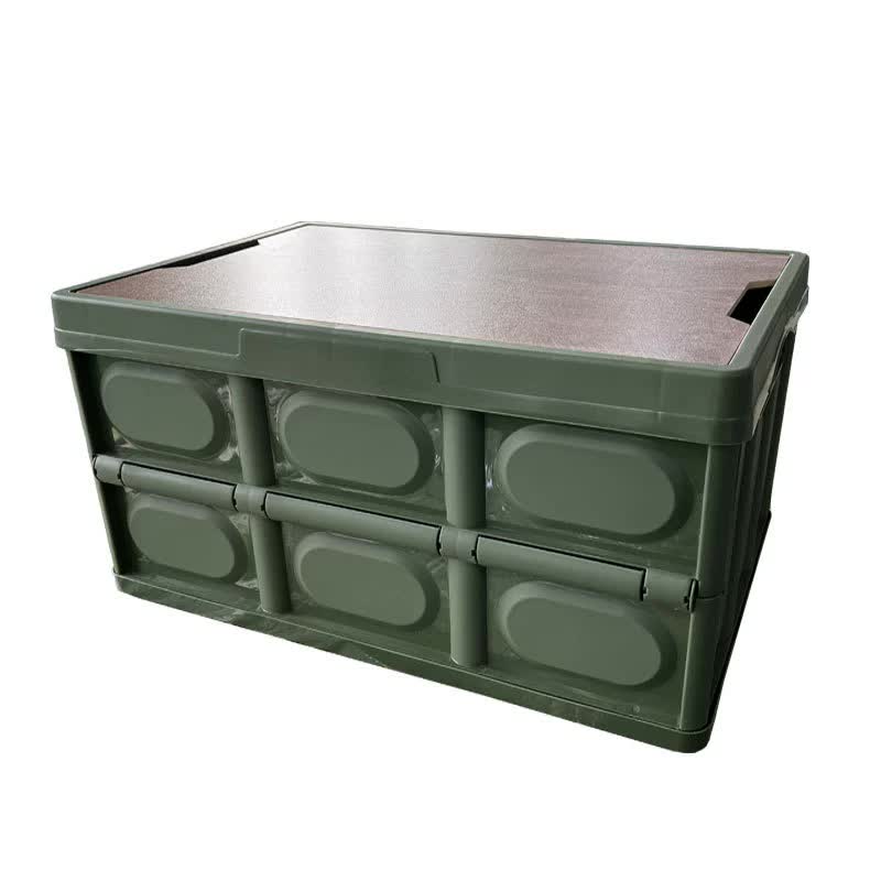 Foldable storage box with hinged lid, dark green base and wooden-look top.