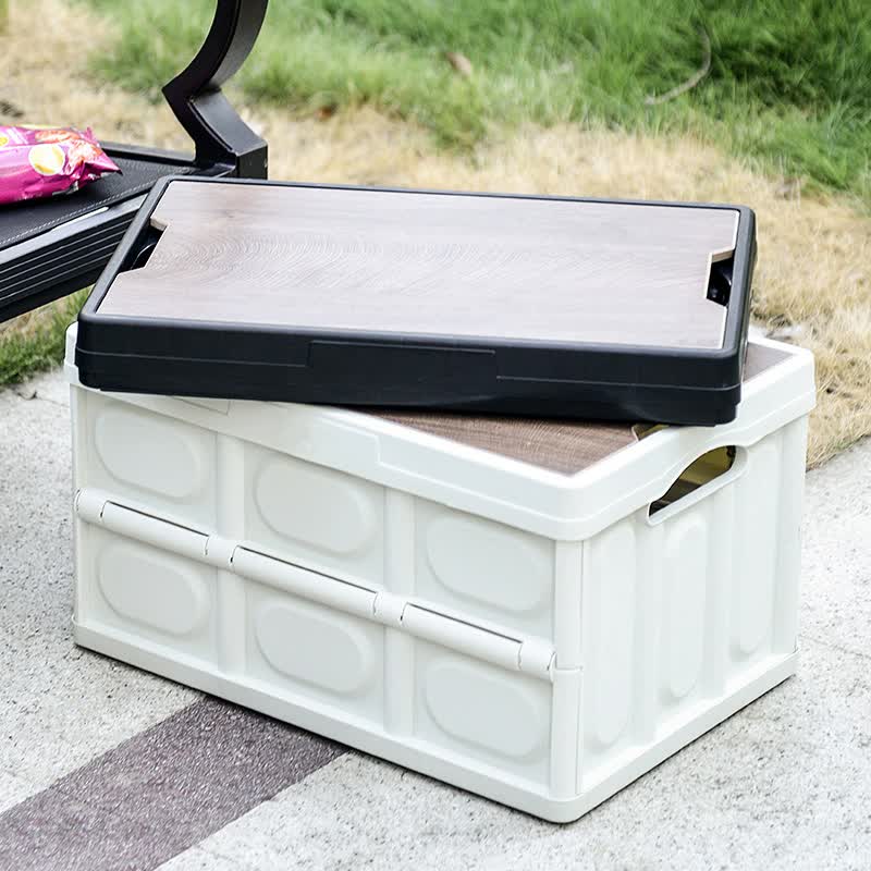 Foldable storage box with hinged lid, white base and wooden-look top.
