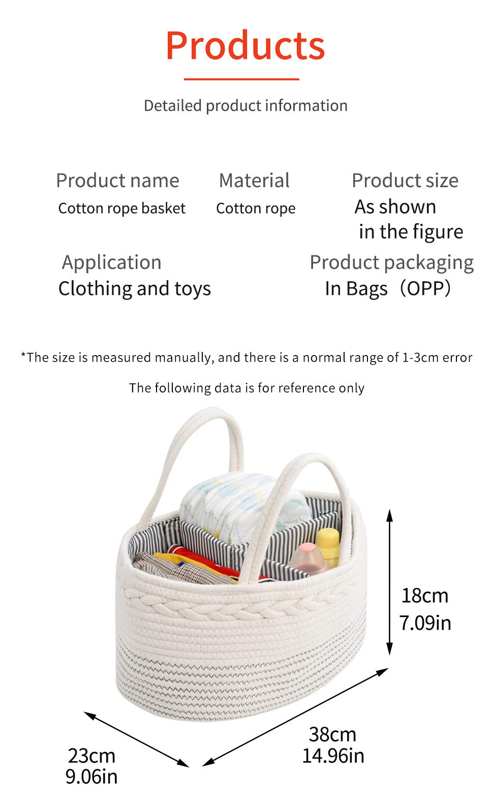 White cotton rope basket with two loop handles, shown with size diagram.