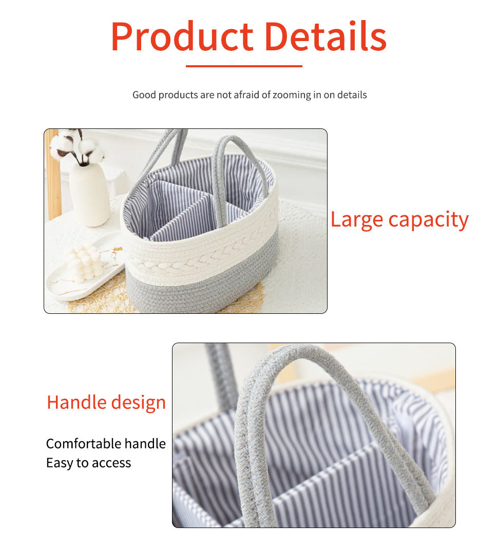 White cotton rope storage basket with two handles and striped inner lining.