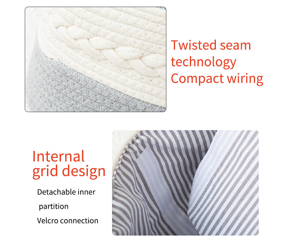 White rope basket with textured stitched rim and striped inner grid partition.