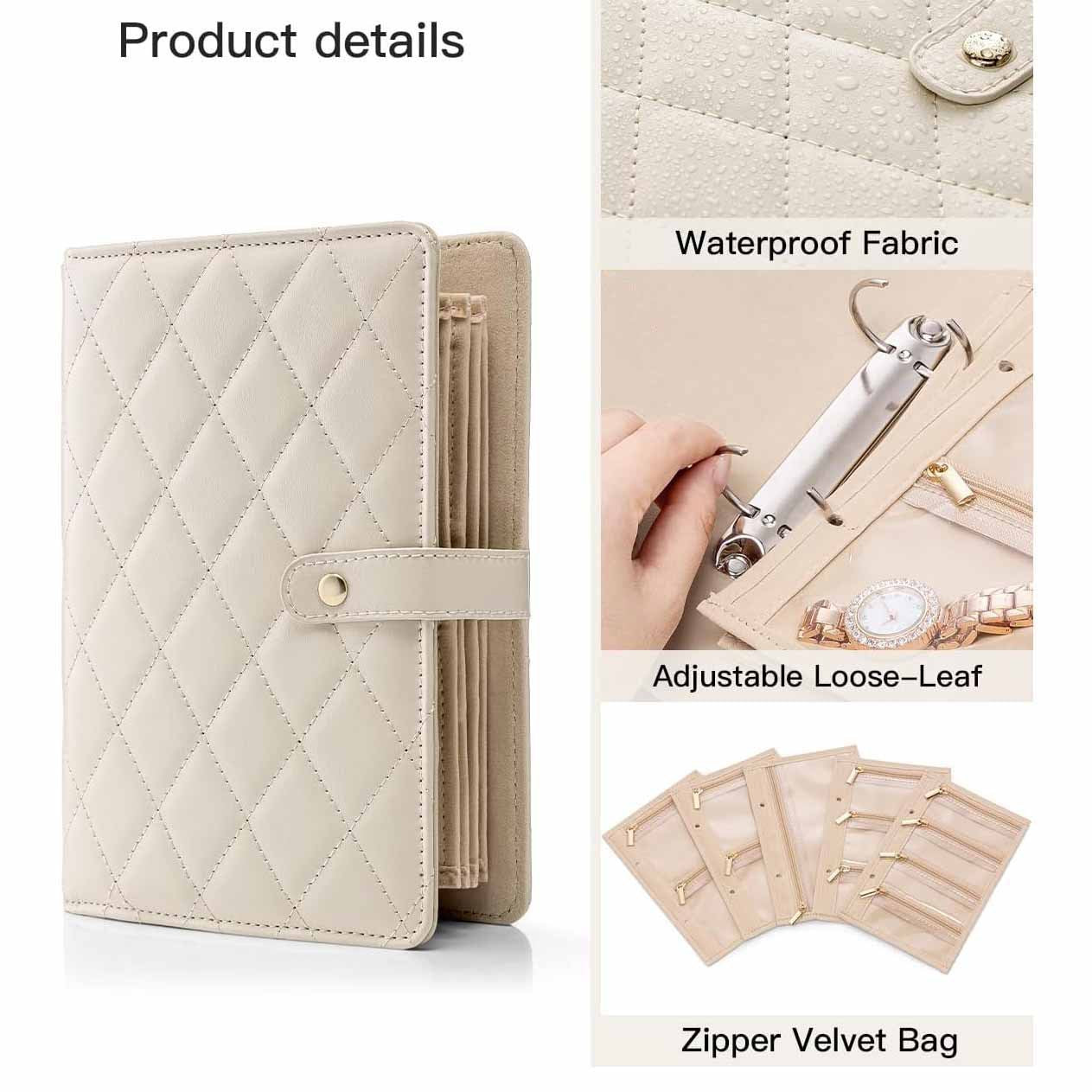 White Elegant Quilted Travel Jewelry Organizer Binder - Portable Loose-Leaf Storage Book with Clear Zipper Pockets for Earrings, Necklaces, Rings