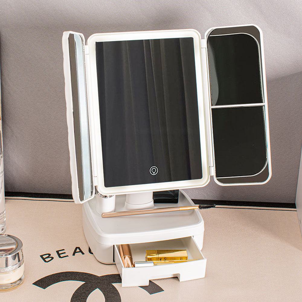 Elegant Tri-Fold Shell LED Vanity Mirror - Smart Makeup Gift with Storage & Illumination