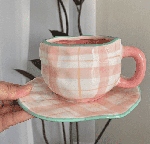 Pink Plaid 300ML Underglaze Hand-Pinched Cup and Saucer Set - Ceramic Coffee Mug Milk Cup Breakfast Set