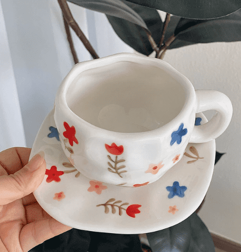 White Background Large Floral 300ML Underglaze Hand-Pinched Cup and Saucer Set - Ceramic Coffee Mug Milk Cup Breakfast Set