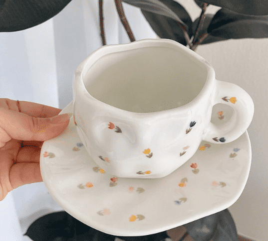 White Background Little Floral 300ML Underglaze Hand-Pinched Cup and Saucer Set - Ceramic Coffee Mug Milk Cup Breakfast Set