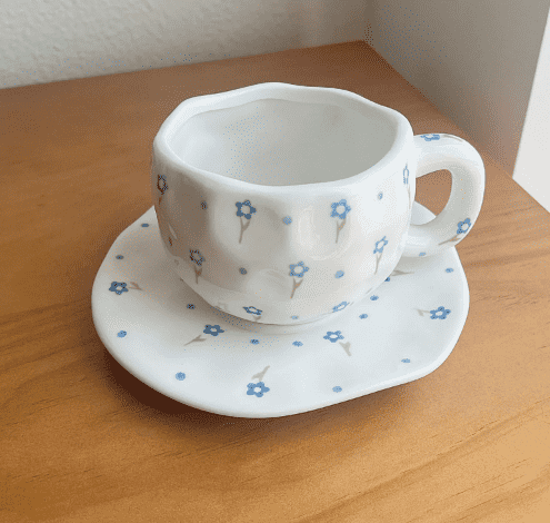 White With Small Blue Fowers 300ML Underglaze Hand-Pinched Cup and Saucer Set - Ceramic Coffee Mug Milk Cup Breakfast Set
