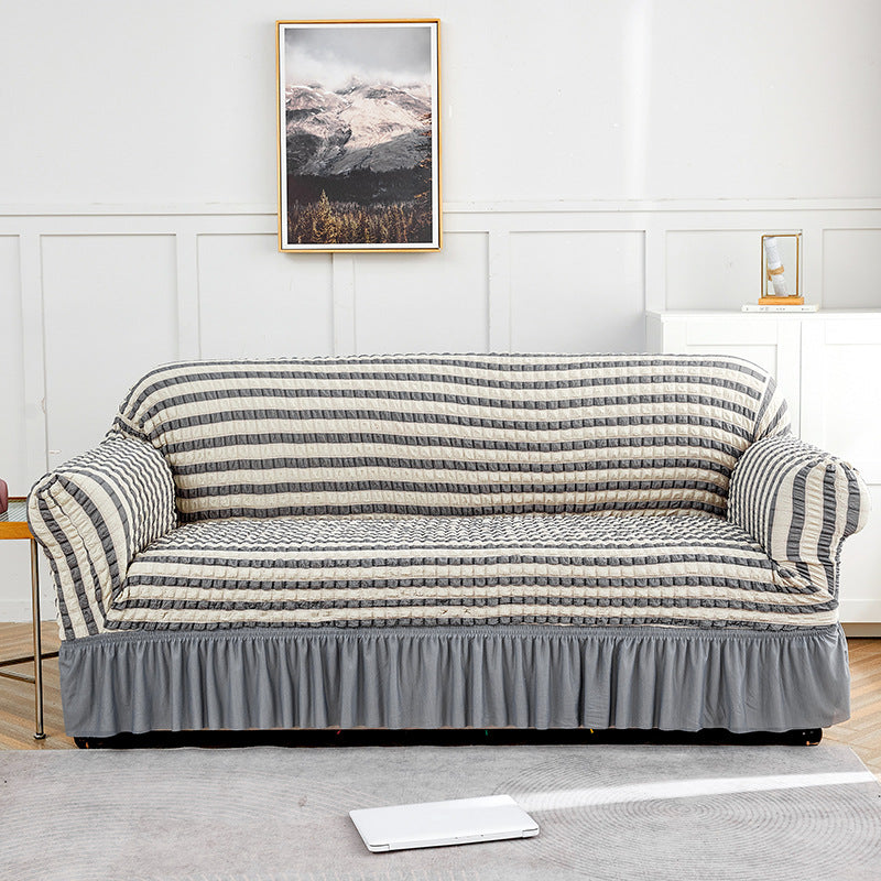 Grey-white Double Sofa Bubble Gauze Sofa Cover with Skirt - Full Elastic Dustproof Double Seater 145-185cm